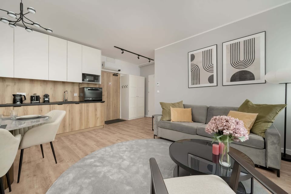 A soft double sofa bed facing a wall-mounted TV and adjacent to a sleek kitchenette.