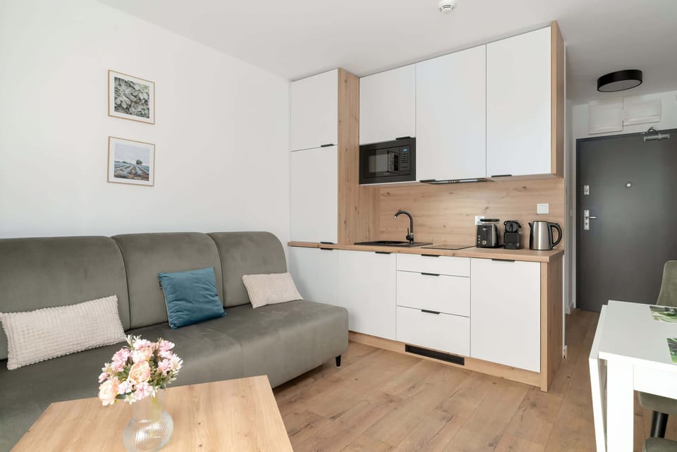 Practical kitchenette next to the comfortable sofa.