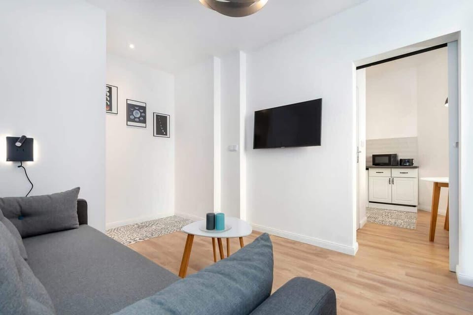 Atmospheric living space with coffee table, double sofa bed, decorative details, and television.
