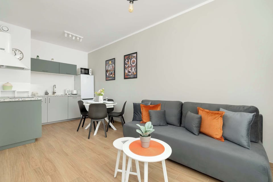 The living area is harmoniously combined with a functional kitchenette. The whole is stylish and makes for a comfortable stay.