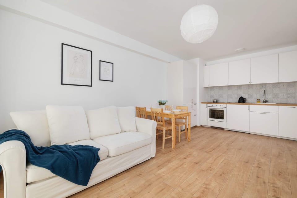 Bright living room with a fold-out sofa bed, TV and kitchenette with dining area.