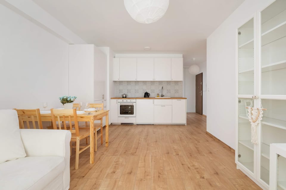 Comfortable living room with a fold-out sofa bed, TV and kitchenette.
