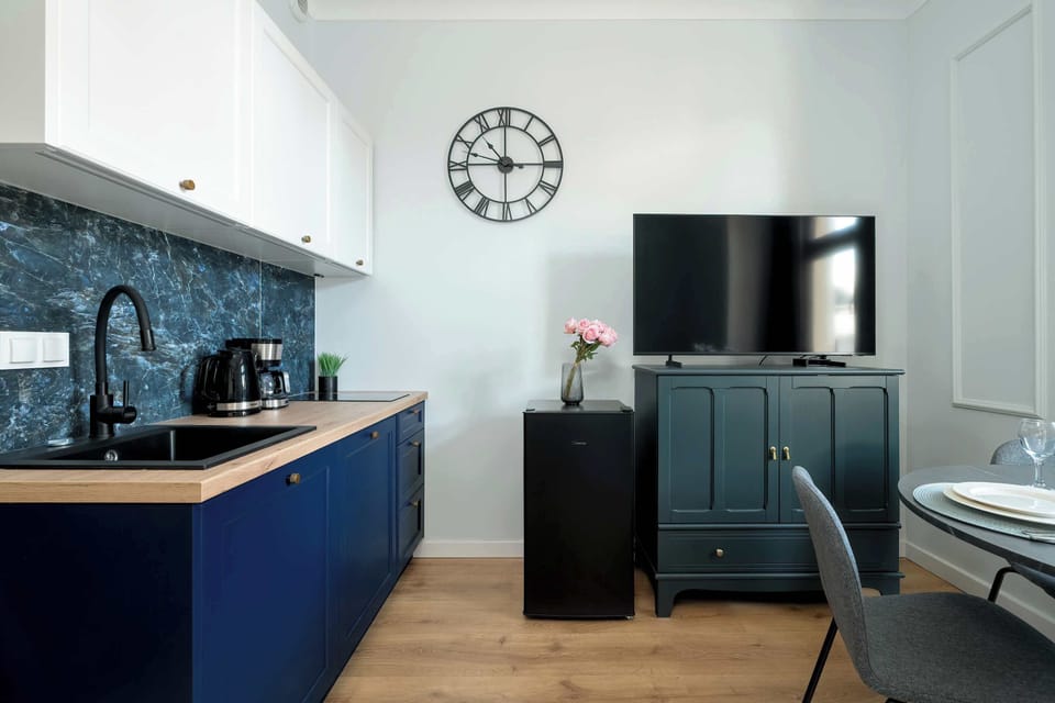 Fully equipped kitchenette with induction cooktop, electric kettle, refrigerator with freezer, washing machine and TV in the studio.