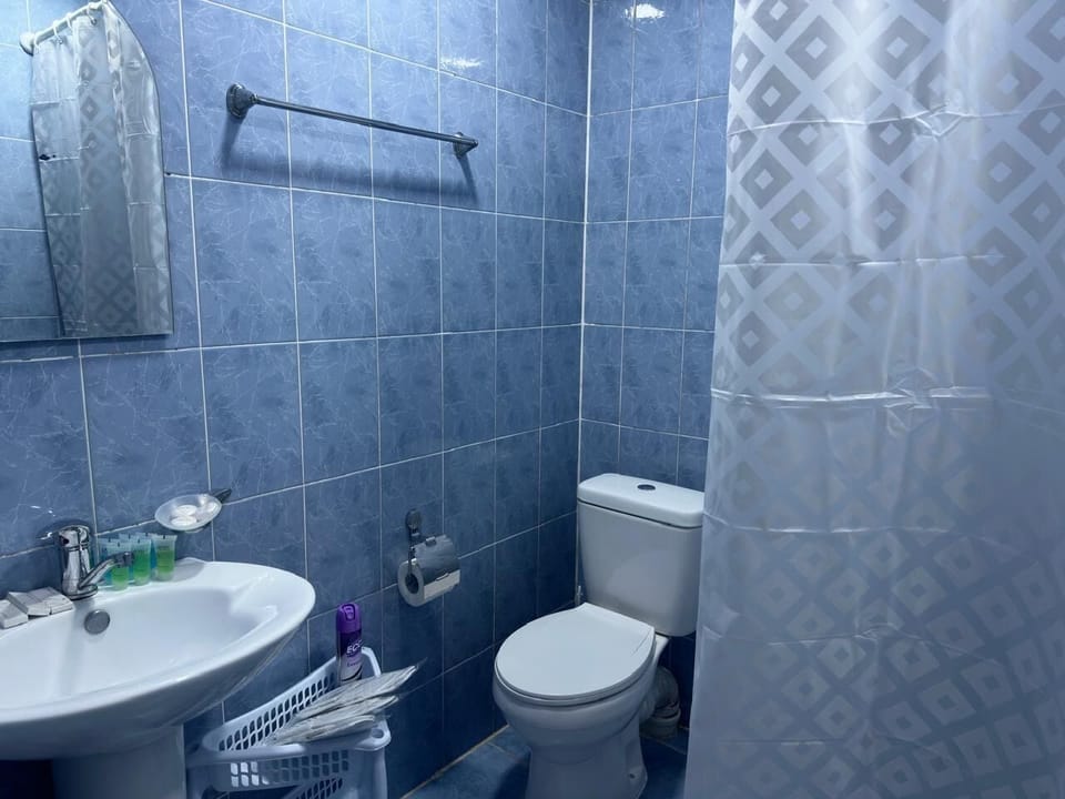 Shower, hair dryer, slippers, towels
