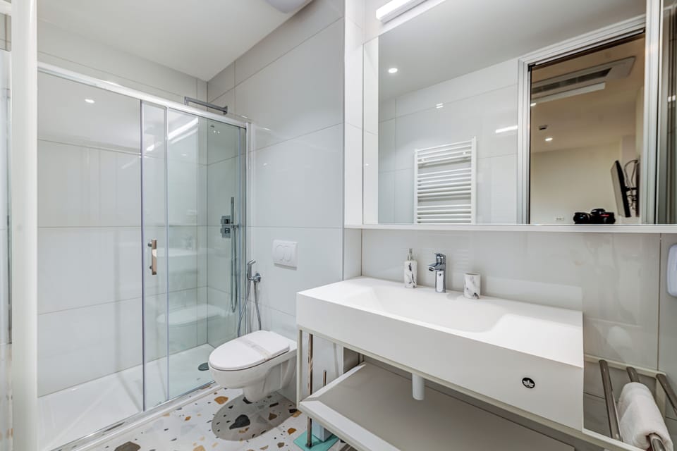 Deluxe Triple Room | Bathroom | Hair dryer, towels, soap, shampoo