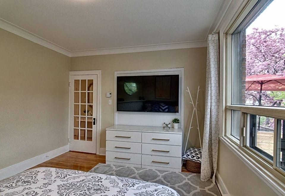65' smart Tv and storage in the master bedroom 