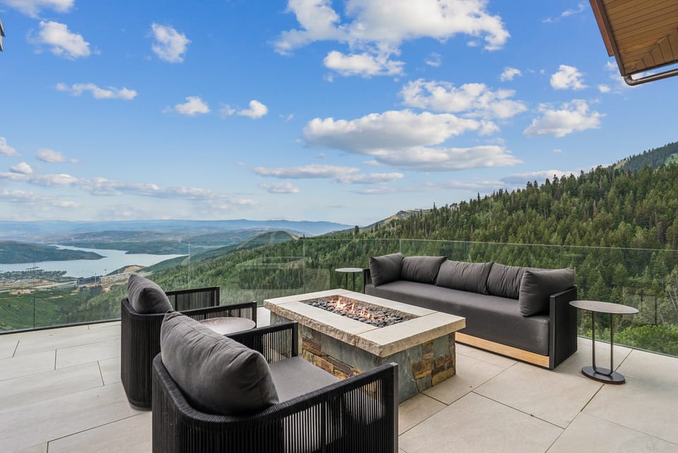 outdoor firepit with epic views of deer valley and overstuffed couches