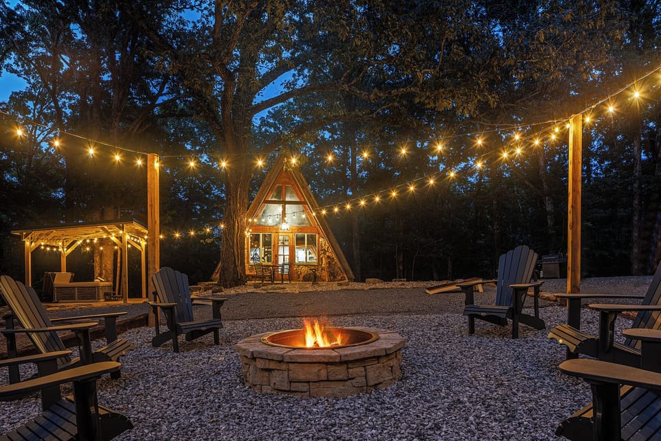 Evenings by the firepit under a canopy of glowing lights.