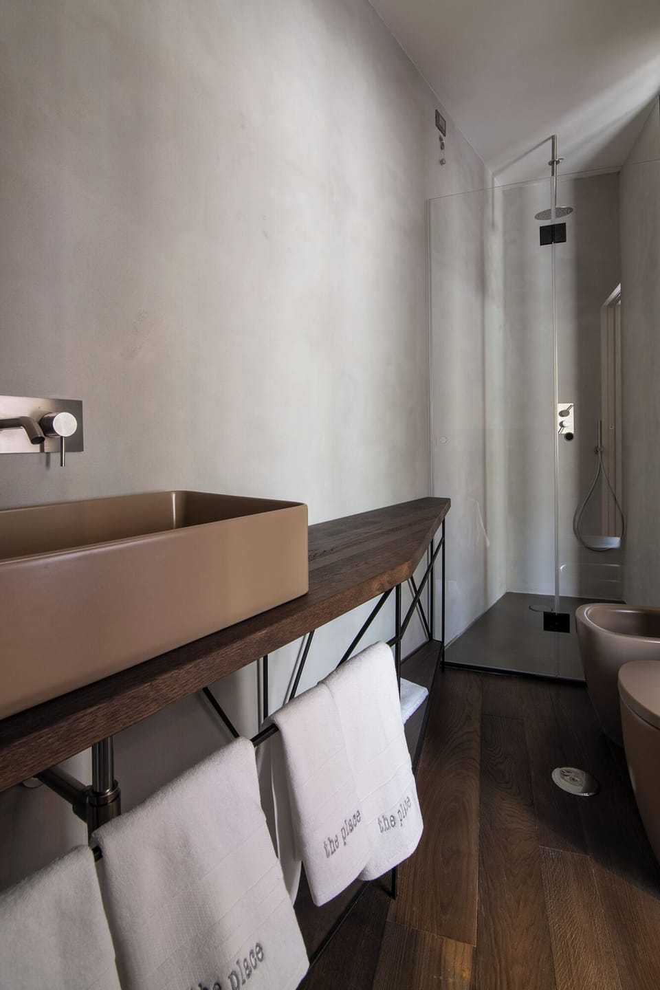 Shower, rainfall showerhead, hair dryer, towels