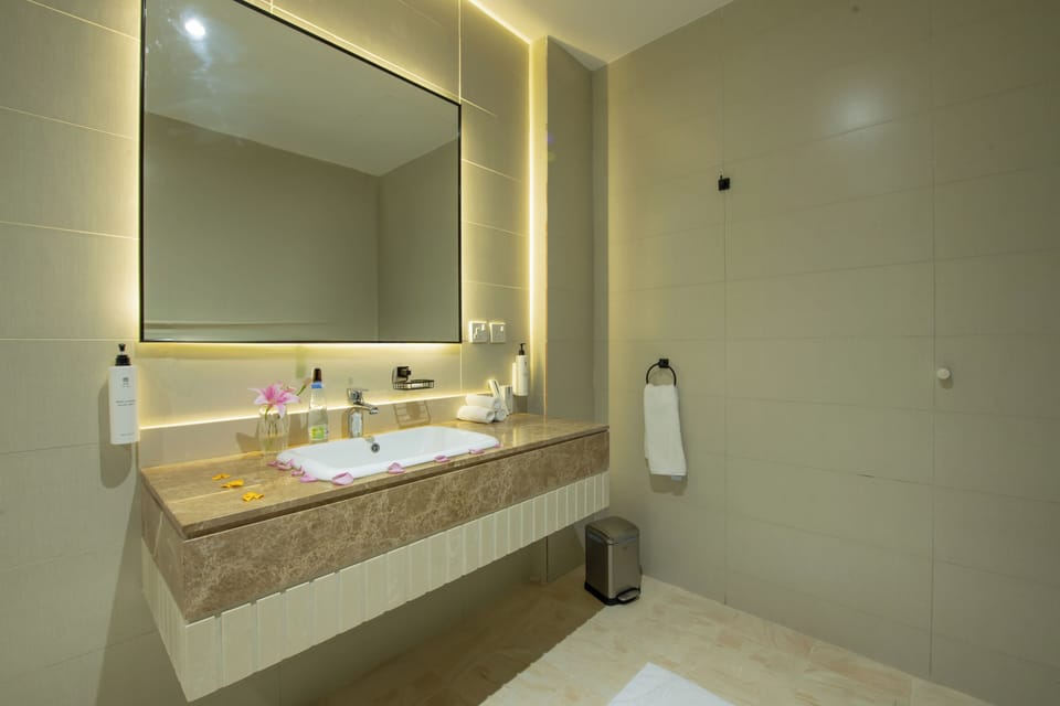Separate tub and shower, hair dryer, towels, soap