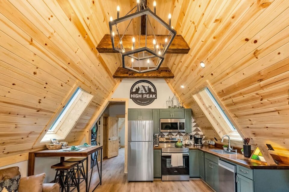 Chandelier and wooden beams