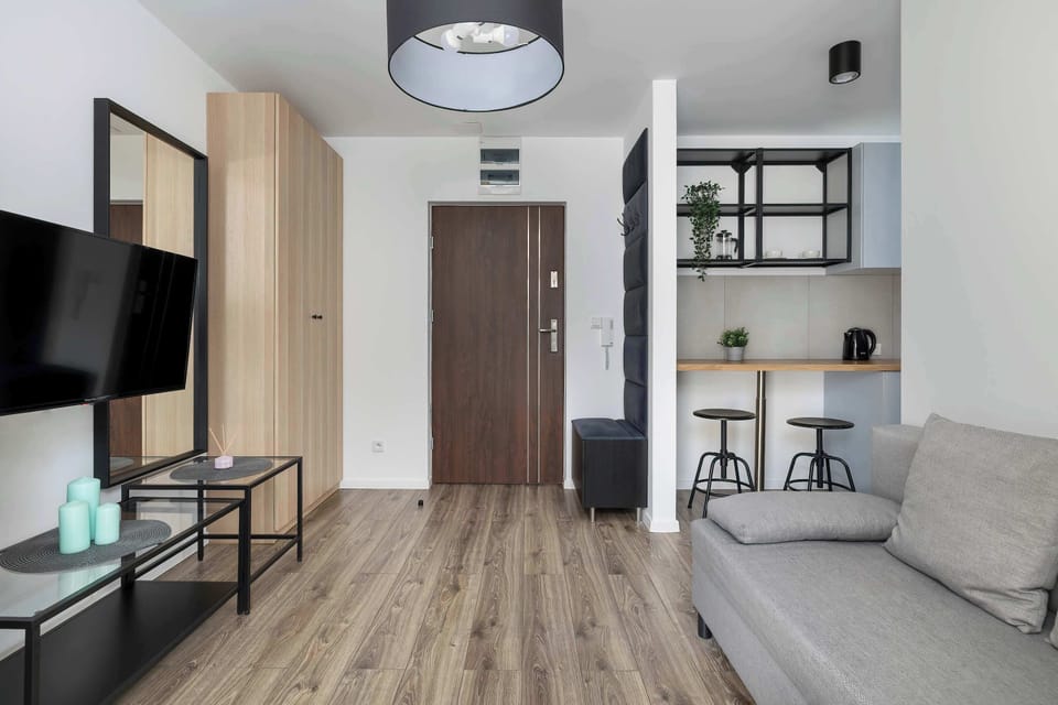 A modern living area with a TV, and a sofa bed. The neutral tones and wooden accents make it feel warm and inviting.