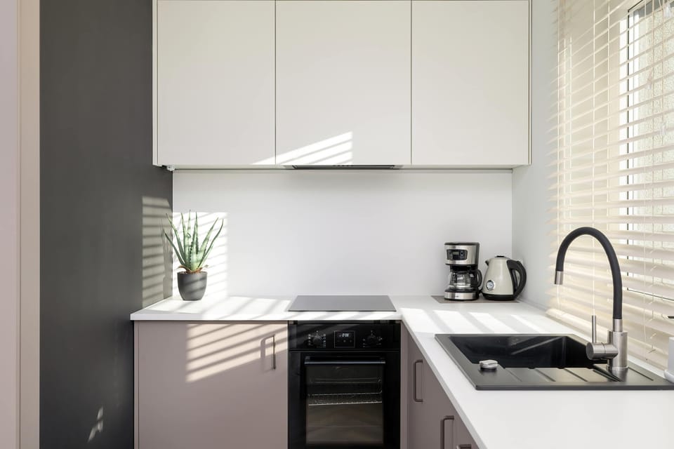 Efficient and well-lit kitchenette equipped with a dishwasher, electric kettle, and fridge, perfect for culinary adventures and dining.