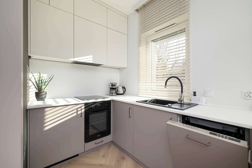 Bright and functional kitchenette featuring an oven, transfer coffee maker, dishwasher, induction cooktop, electric kettle, fridge, and freezer, adjacent to a cozy dining area.