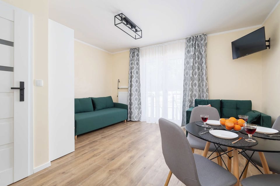 A cozy living room space with a two green sofa bed.