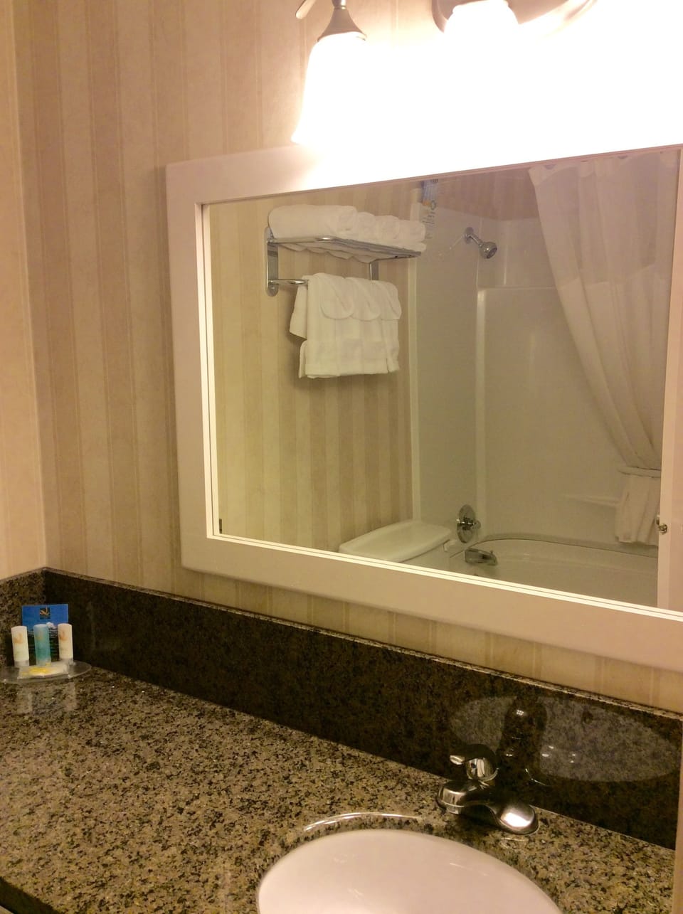 Combined shower/tub, free toiletries, hair dryer, towels