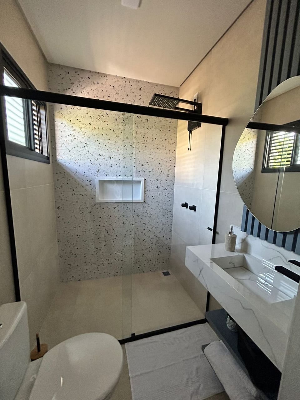 Shower, towels, toilet paper