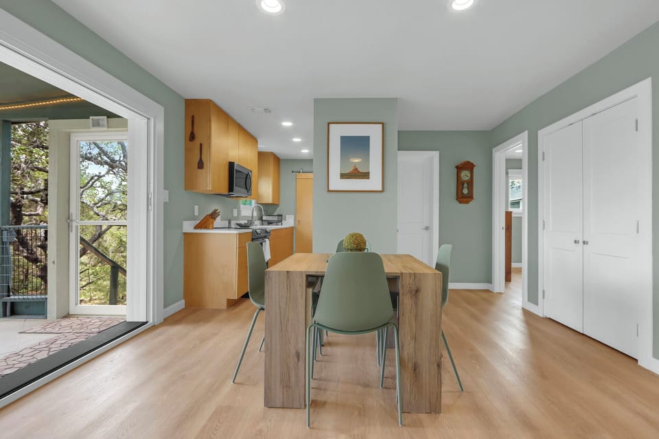 To the left is the kitchen