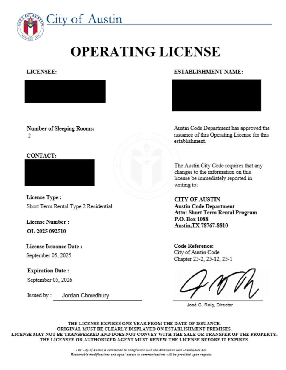 STR license for the City of Austin