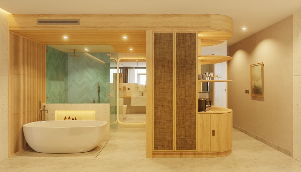 Shower, rainfall showerhead, free toiletries, hair dryer