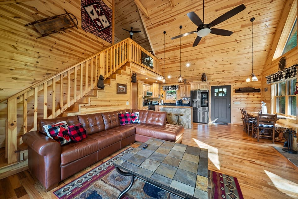 Leather Sofa in the Living Room, Warm Wood Interior