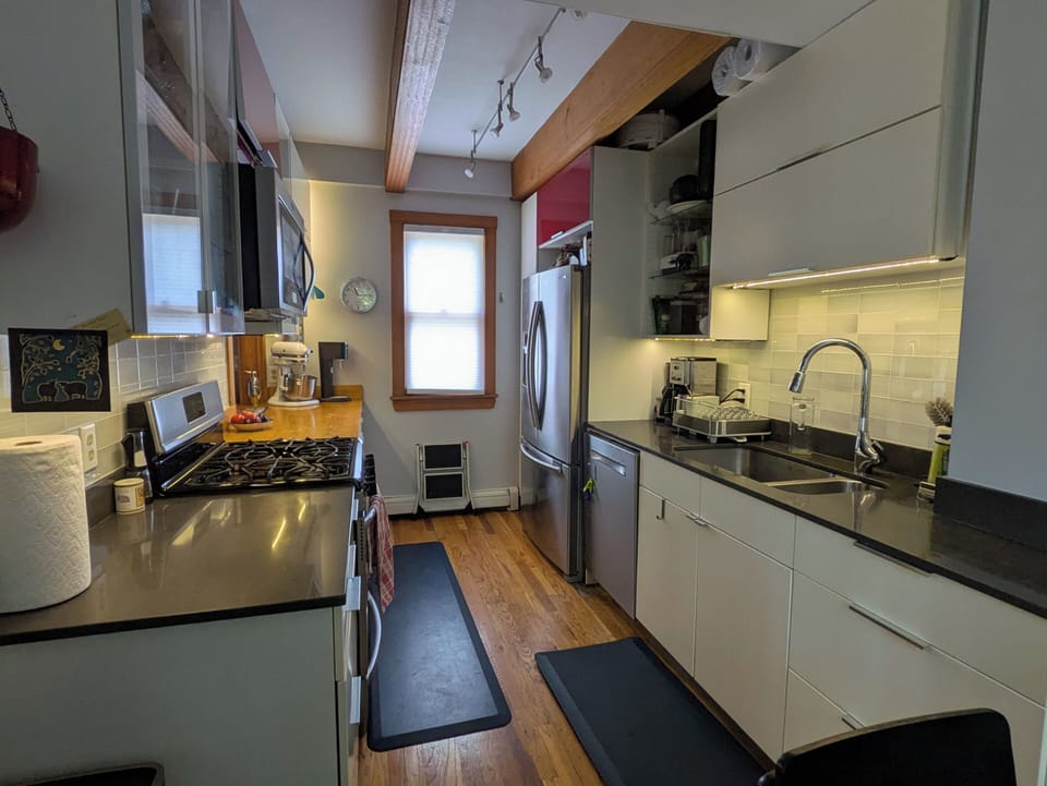 Kitchen has all you need, including stand mixer, Sodastream, and coffeemaker.