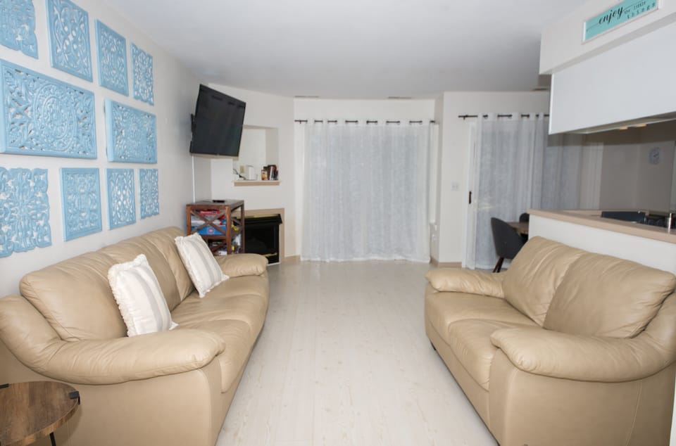 Living room with sofa bed and loveseat.