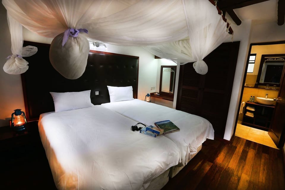 Premium bedding, desk, blackout drapes, soundproofing