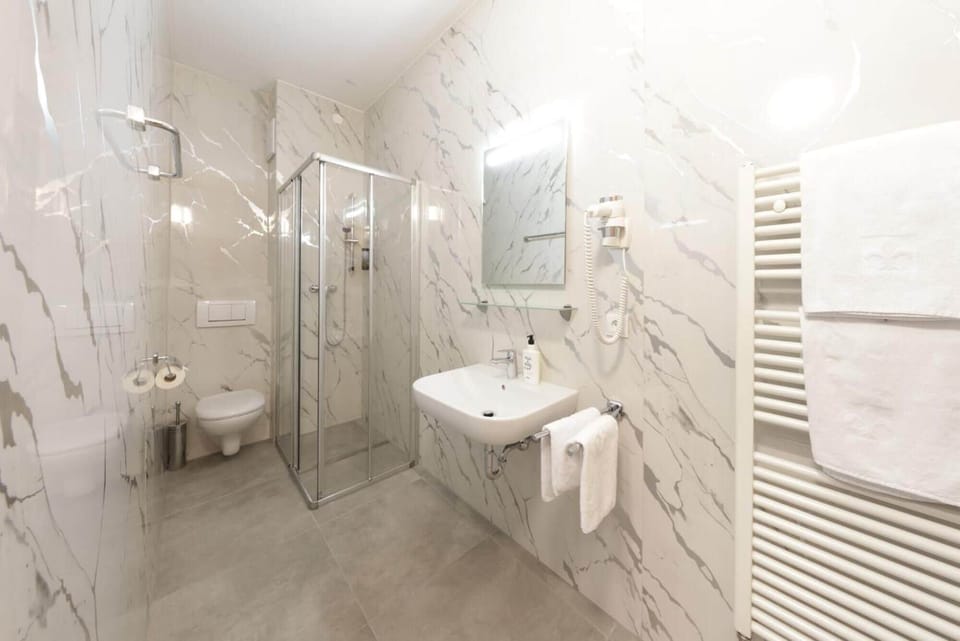 Hair dryer, towels, soap, shampoo