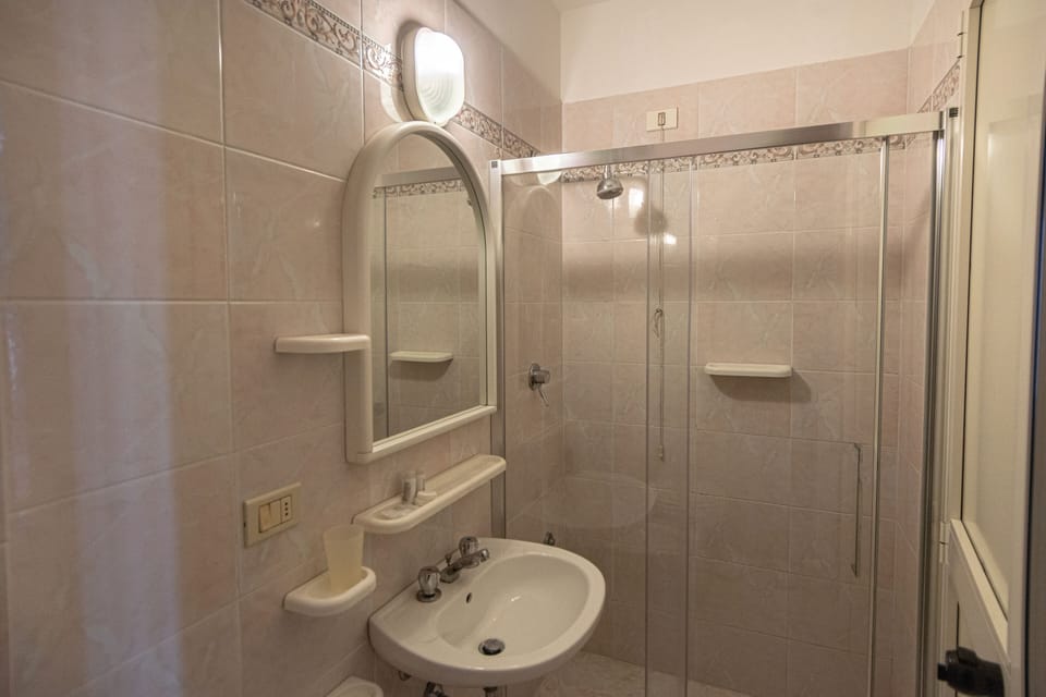Shower, towels, soap, toilet paper