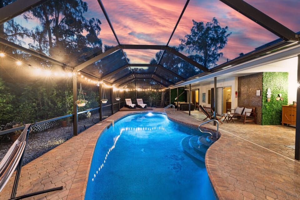 Poolside Oasis: Enjoy evening swims under twinkling lights in this serene outdoor retreat!
