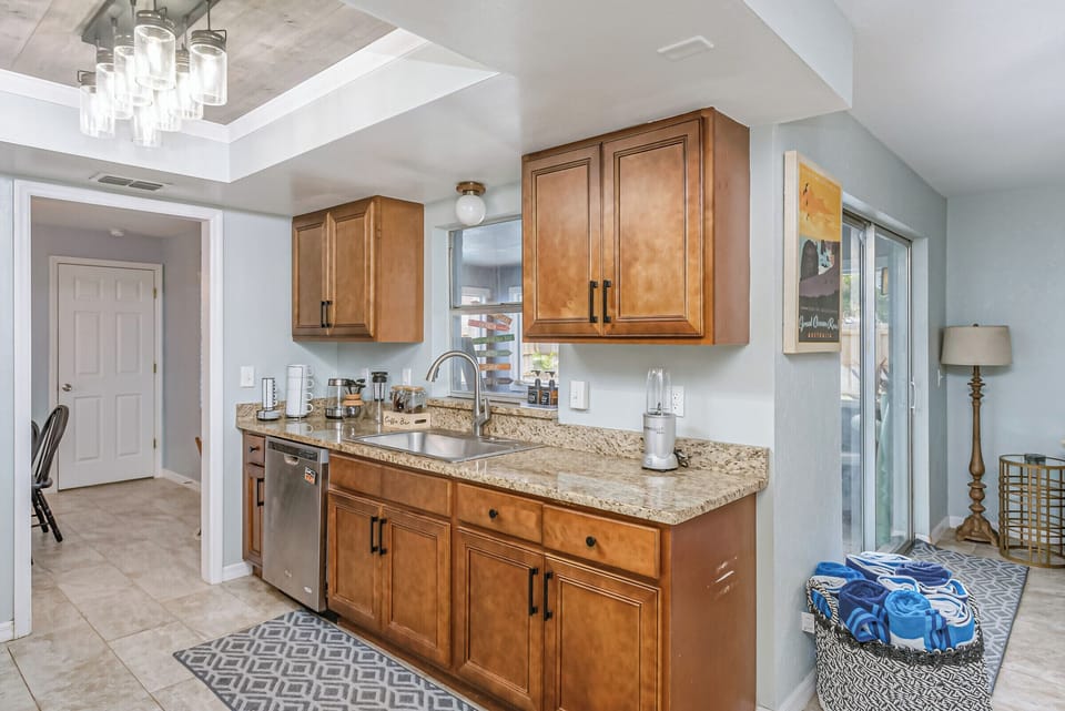Fully Equipped Kitchen with Dishes, Silverware, Pots, & Pans