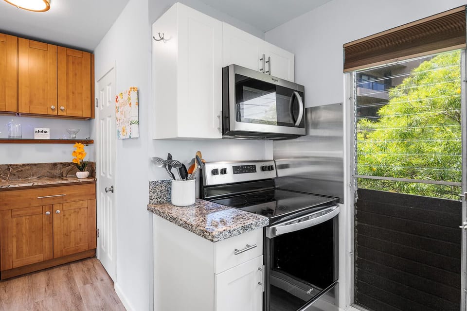 Microwave and oven.