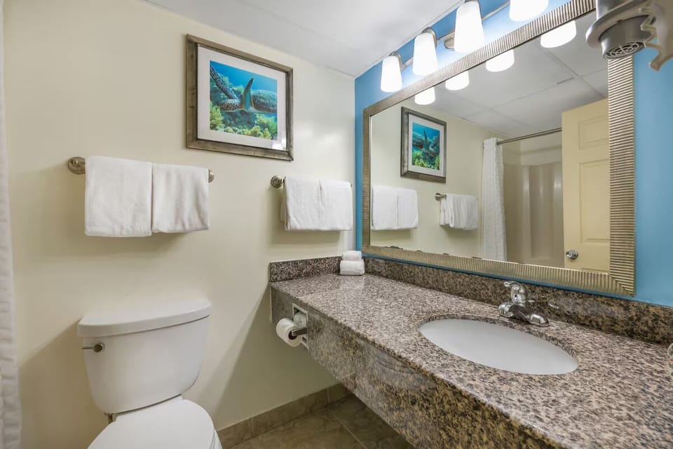 Refresh comfortably with bright vanity lighting and fresh towels.