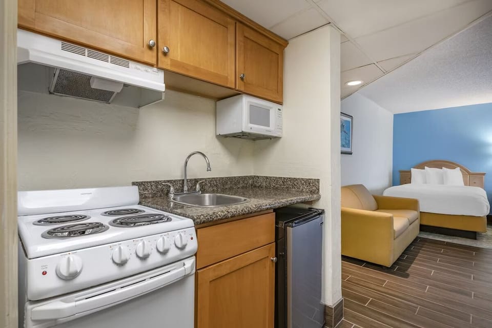 Sip morning coffee steps from the bed and kitchenette.