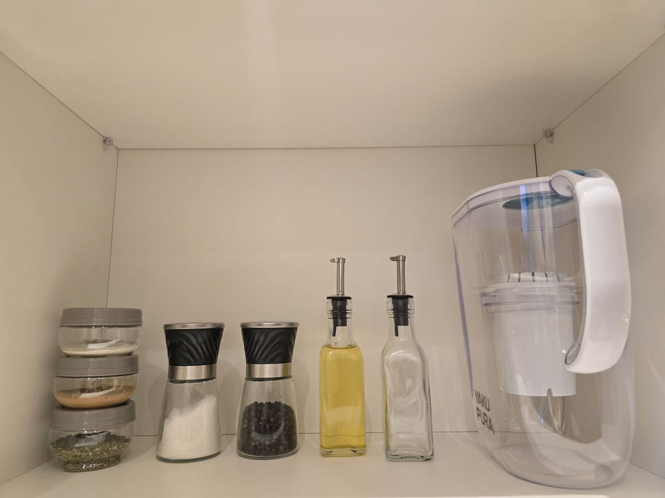 Condiments, oil, and water filter for your comfort during your stay.