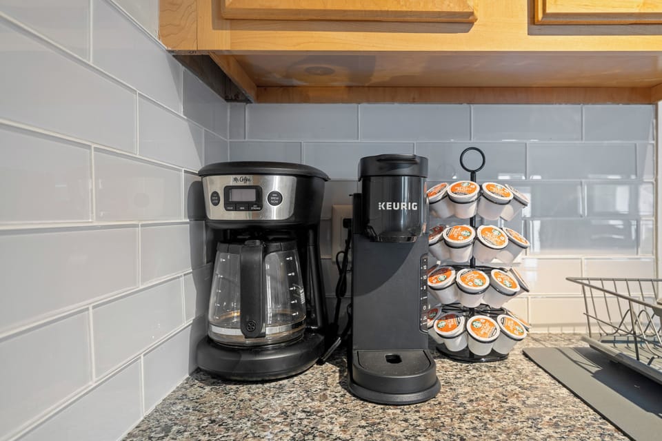 Coffee station with drip machine and Keurig—pods and filters