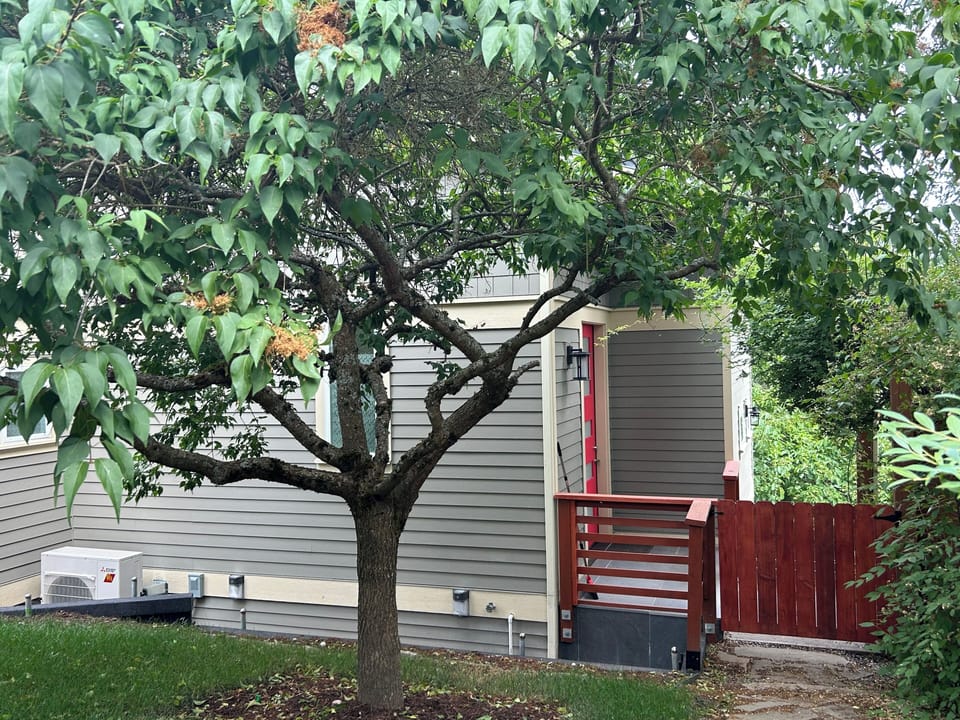 View of front porch of house from the backside. 