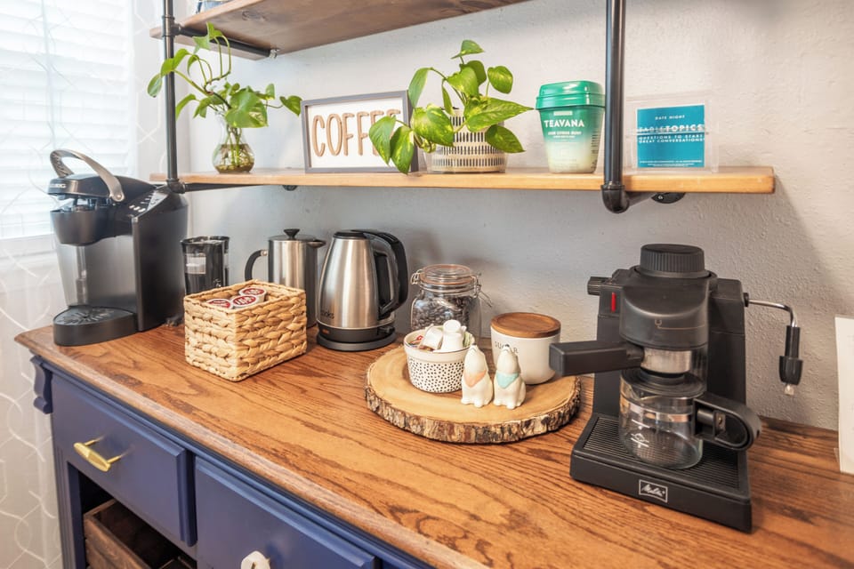 Coffee bar with keurig, espresso machine, coffee grinder, drip coffee maker