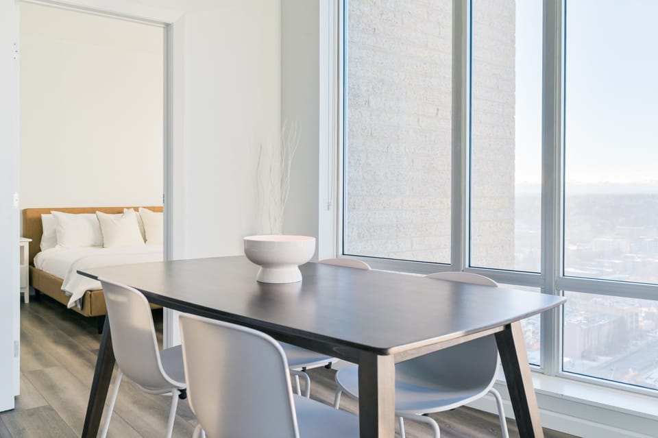 Sleek dining table in open-concept space