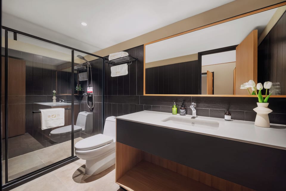 Shower, free toiletries, hair dryer, slippers