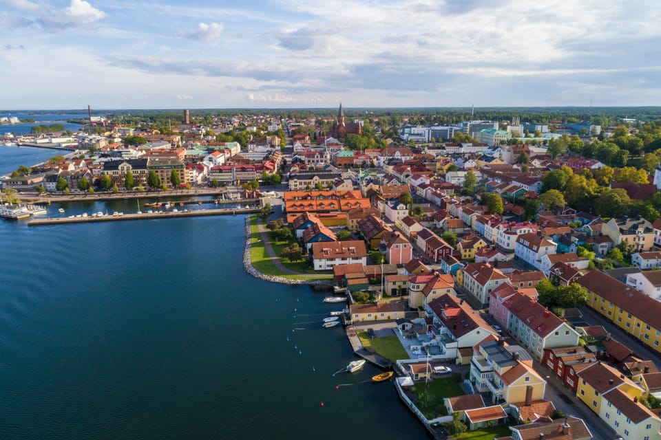 Aerial view of Vastervik city with the harbor and old city, short distance from Gamleby