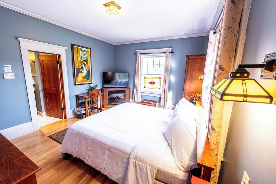 Stretch out comfortably in a classic room with calming colors.