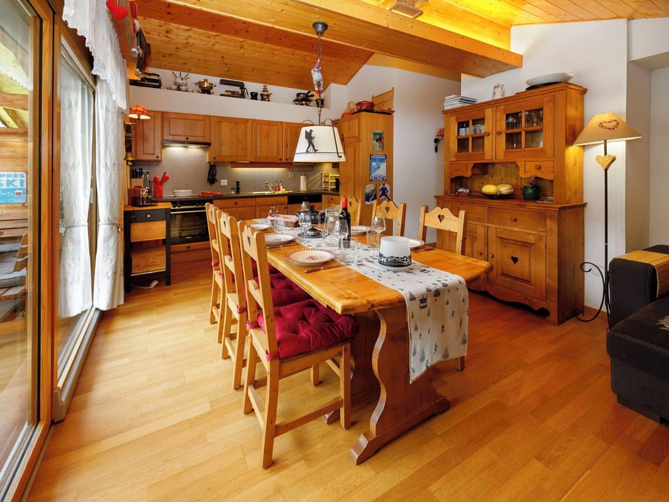 Furniture, Wood, Interior Design, Ceiling, Kitchen, Room, Lighting, Table, Home, Cabinetry