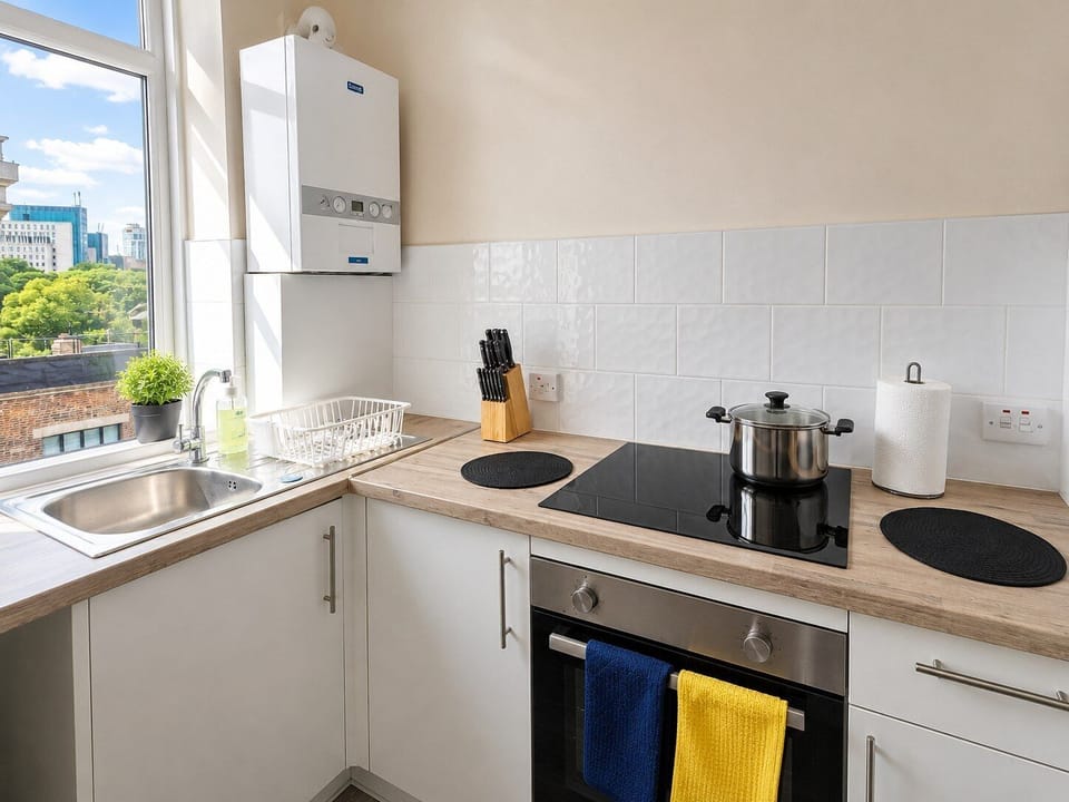 Kitchen with oven and city view