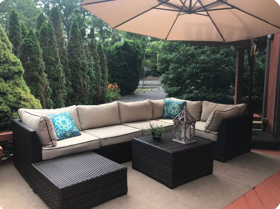 The deck is off the living room