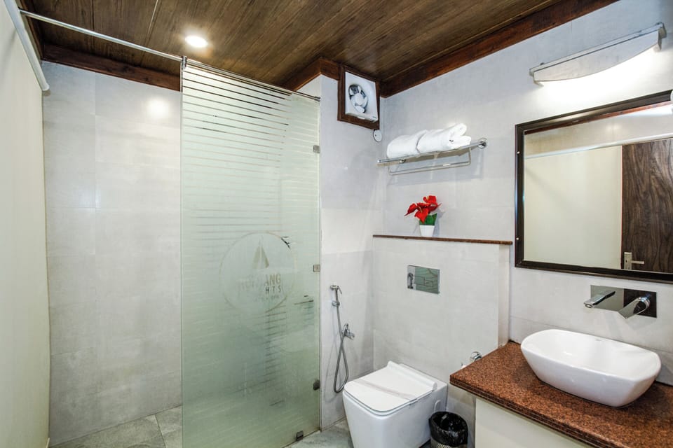 Shower, towels, soap, shampoo