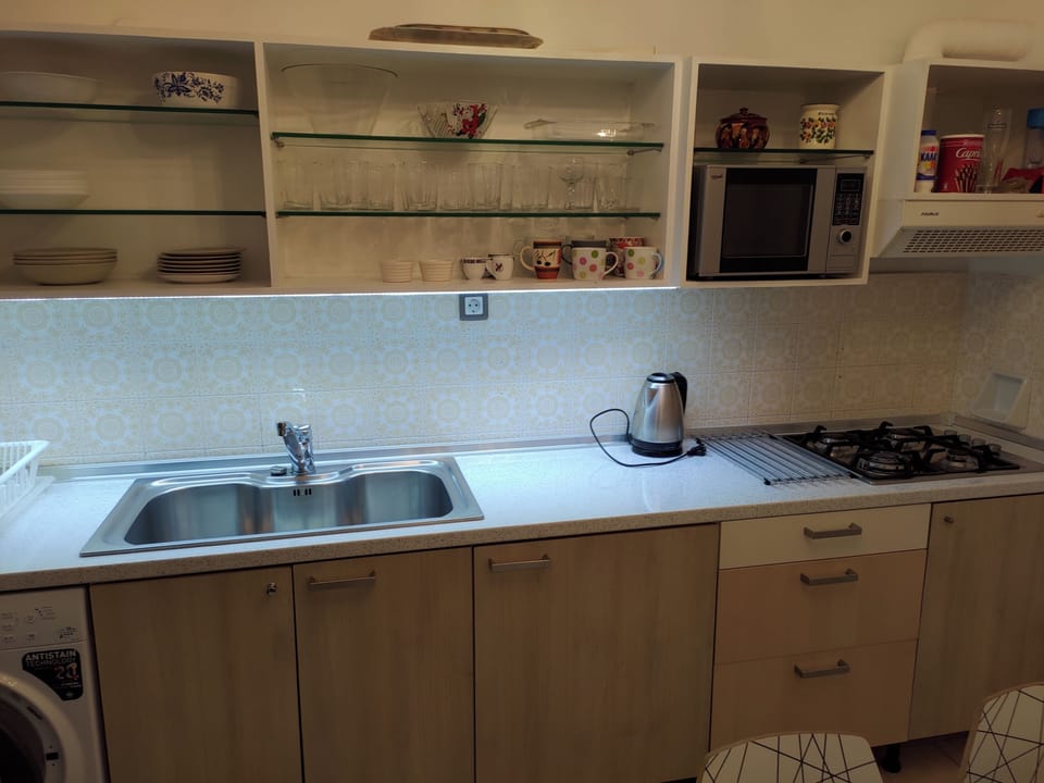 Fridge, microwave, stovetop, electric kettle