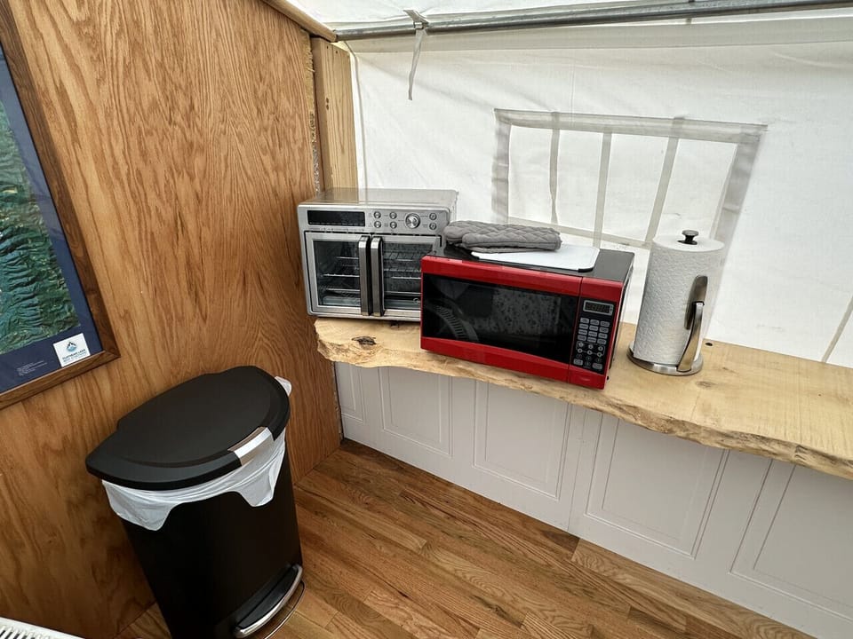Toaster oven, microwave & mini fridge in the tent
