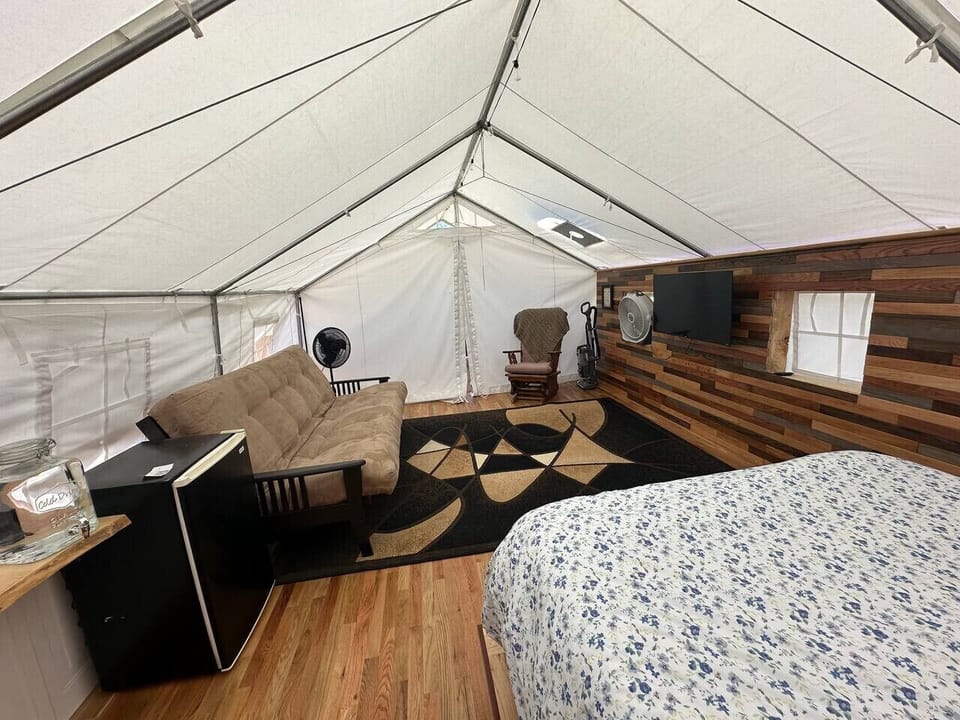 Queen futon & mini fridge